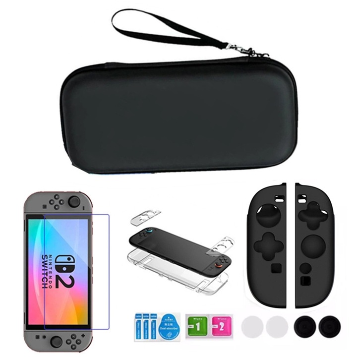 Set complet de accesorii Strado compatibila cu Nintendo Switch 2, protectie totala, negru