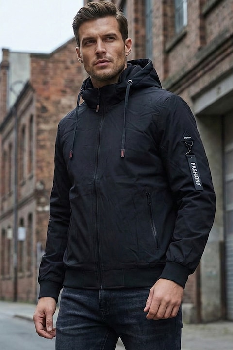 Geaca Barbati Casual Neagra Subtire - Gluga Material Detasabila 7340 13649, Negru