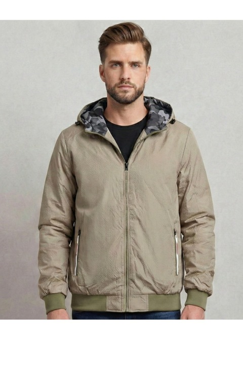 Geaca barbati cu doua fete, gluga fixa si imprimeu montan/uni 62504 13689, Kaki