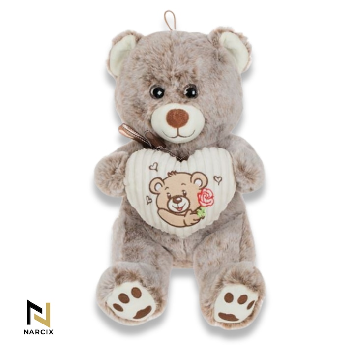 Плюшено мече бежово с сиво NARCIX® с бродирано сърце и декоративна панделка, 28 см