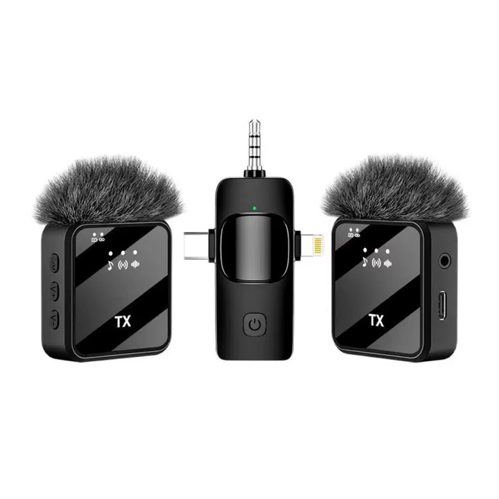 Microfon wireless lavalier Ywei 3 in 1, 2.4GHz, 18 ore autonomie, compatibil iPhone/Android/Camera, transmisie 25m