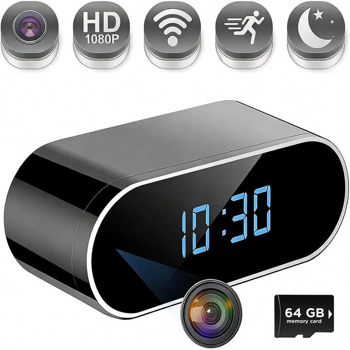 Mini camera spion Wifi, OEMG®, ceas desteptator Wi-Fi IP ascuns, rezolutie 1080p, vedere nocturna in infrarosu, microfon incorporat, detectare miscare, acces prin aplicatie, supraveghere discreta acasa sau la birou, Card 64 GB cadou