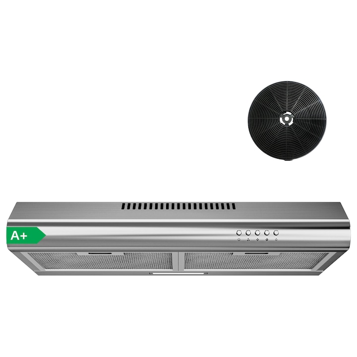 Hota din inox FIREGAS 60 cm, design slim, 300 m³/h, motor fara perii, clasa A+, comanda cu butoane, 3 viteze, iluminare LED, filtre carbon, argintiu