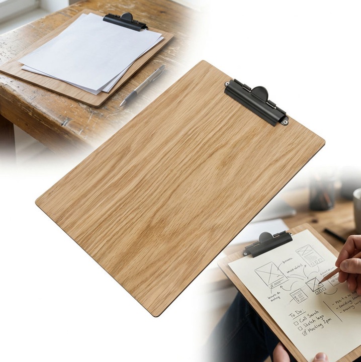 Clipboard A4 din placaj de stejar cu clema metalica neagra, minimalist, usor, subtire