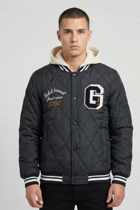 Jacheta Bomber Matlasata de Toamna-primavara cu Gluga din Material si Mansete in Dungi 62500 negru 13659, Negru