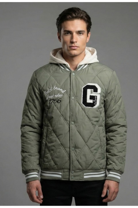 Jacheta Bomber Matlasata de Toamna-primavara cu Gluga din Material si Mansete in Dungi 62500 kaki 13664, Kaki