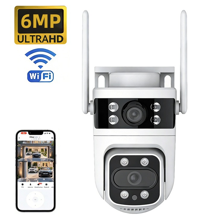 Camera de supraveghere exterior, 6MP, detectie miscare, audio bidirectional, viziune nocturna color, alb, 164.9x127x164.9mm, set 2 dispozitive