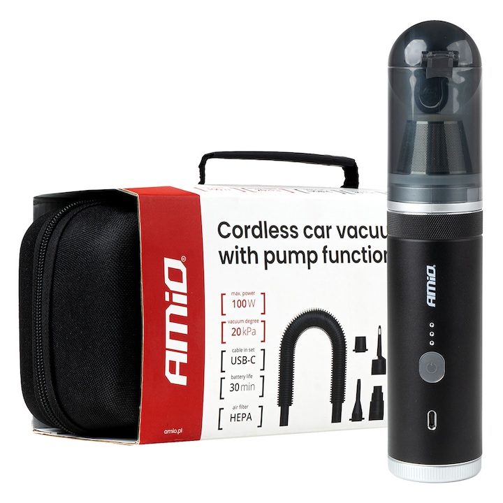 AMiO 100W 20kPa vezeték nélküli autós porszívó pumpafunkcióval, USB-C, kompakt