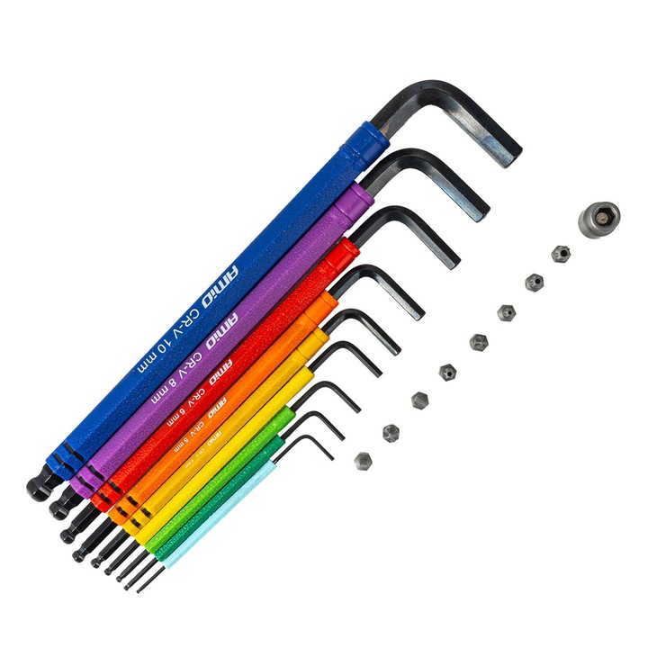 Set 9 chei imbus HEX extra lungi cu capete sferice si set 8 biti cu adaptor, AMiO, otel CR-V, dimensiuni 1.5-10mm