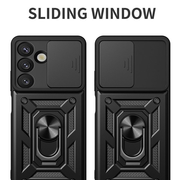Husa Spate Upzz® Camshield Compatibila Cu Samsung Galaxy S25 FE, Protectie La Camere, Inel Metalic, Stand - Black