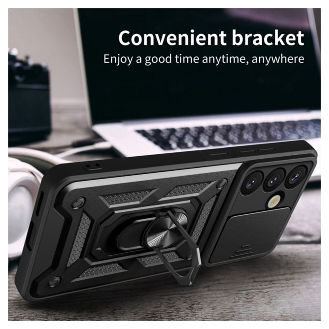 Husa Spate Upzz® Camshield Compatibila Cu Samsung Galaxy S25 FE, Protectie La Camere, Inel Metalic, Stand - Black
