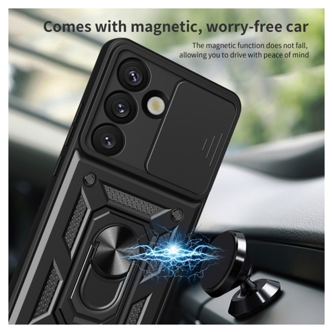 Husa Spate Upzz® Camshield Compatibila Cu Samsung Galaxy S25 FE, Protectie La Camere, Inel Metalic, Stand - Black