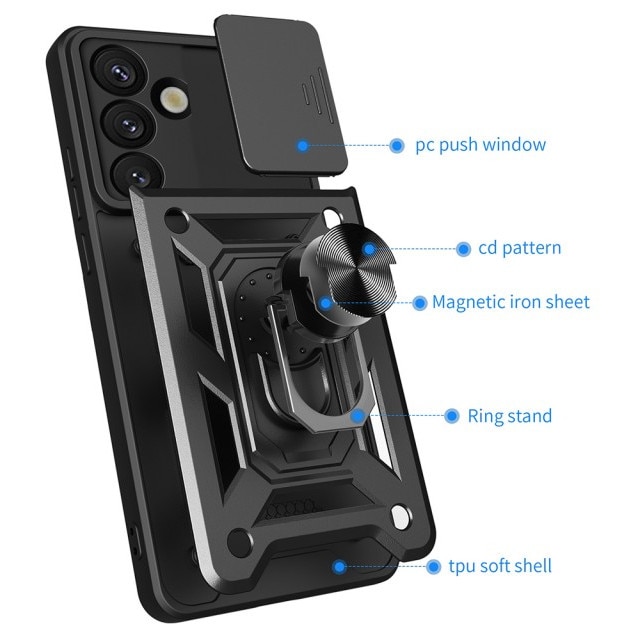 Husa Spate Upzz® Camshield Compatibila Cu Samsung Galaxy S25 FE, Protectie La Camere, Inel Metalic, Stand - Black