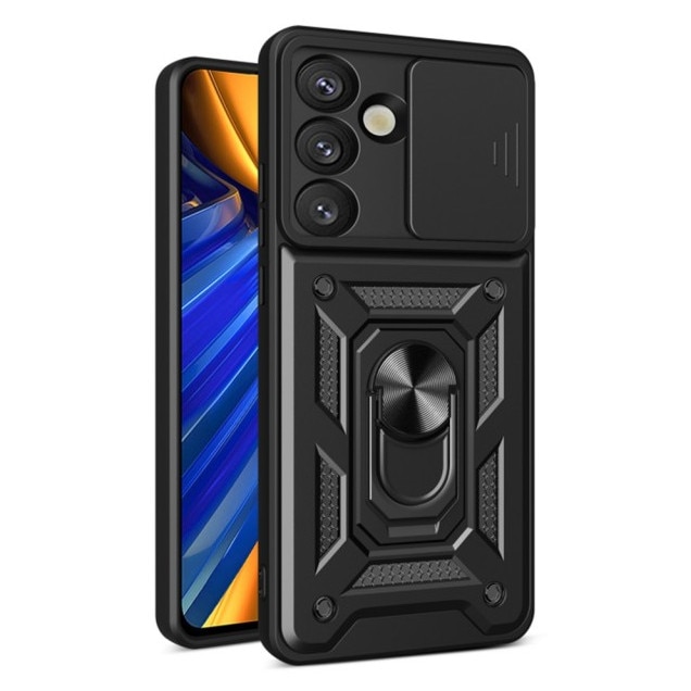 Husa Spate Upzz® Camshield Compatibila Cu Samsung Galaxy S25 FE, Protectie La Camere, Inel Metalic, Stand - Black