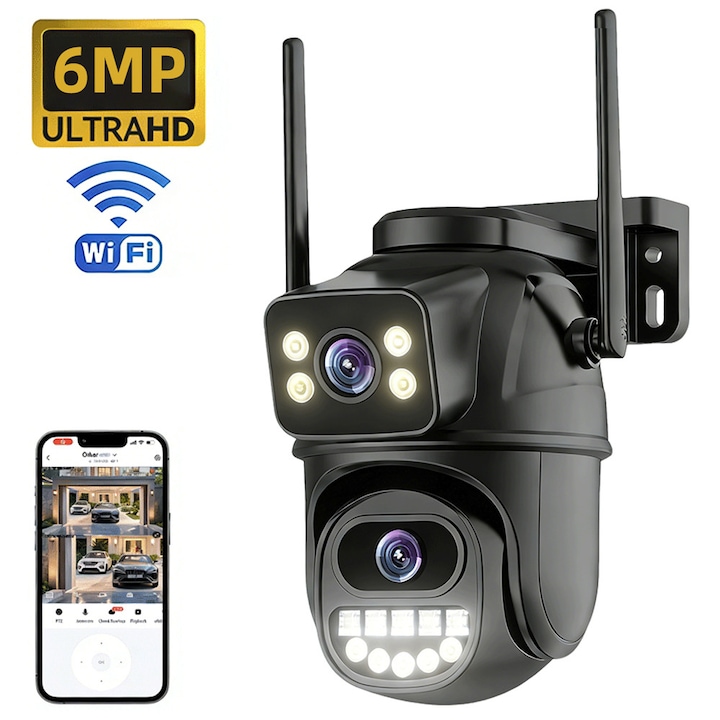 Camera de supraveghere WiFi cu obiectiv dublu pentru exterior, OEMG® 6MP 2.4G WiFi PTZ, camera plug-in pentru exterior, urmarire automata, sistem de supraveghere pentru casa, vedere nocturna color, inregistrare 24/7