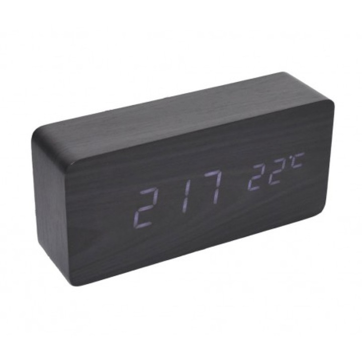 Ceas lemn – LED alb, afisaj digital si design modern negru