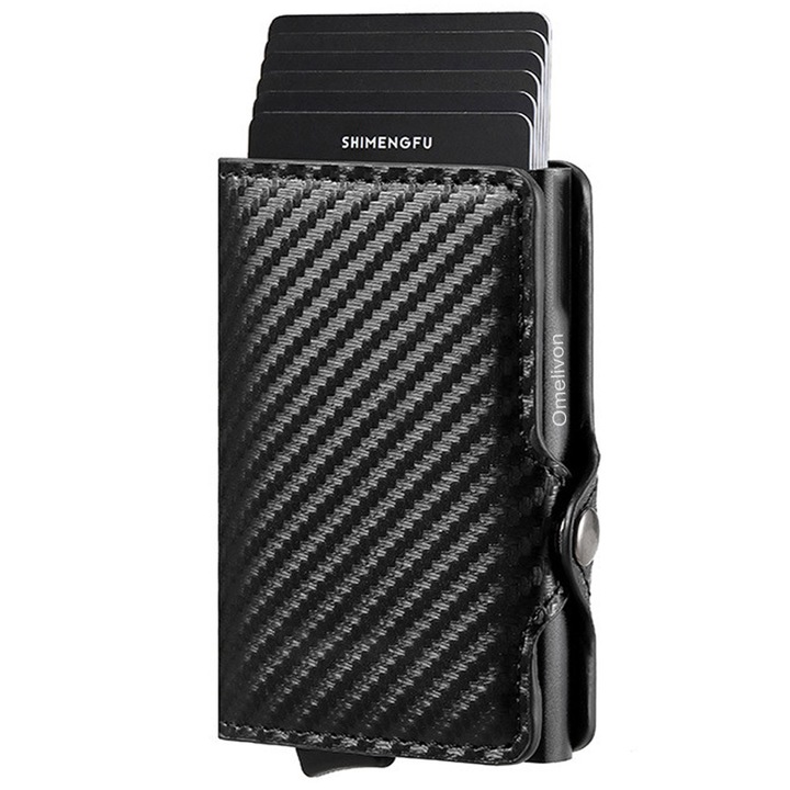 Portofel Barbati din Aluminiu, Protectie RFID, Negru Carbon, Portofel Barbati Carcasa Din Aluminiu Tip Ejectabil - Subtire Portabil Protectie RFID 10x7x2cm