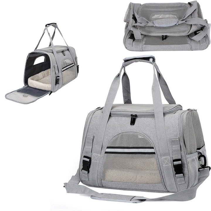 Transportor Pentru Animale De Companie Pliabil, Cu Curea Umar Reglabila Si Maner, Geanta Transport Caini Mici Pisici Mari Pana La 7 Kg, Cu Matasa Detasabila, Panou Din Plasa Pentru Ventilatie, Usor De Curatat, Potrivit Calatorii Auto, Zboruri TSA, Gray