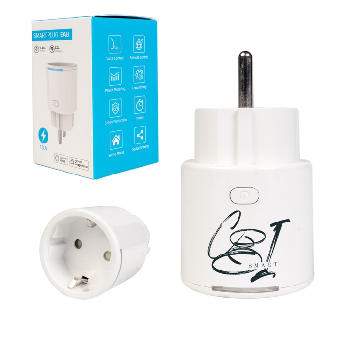 Priza inteligenta SMARTPLUG EA8 WiFi, 10A, 2500W, control Tuya, compatibila Google Assistant / Alexa, culoare alba - COBI SMART®