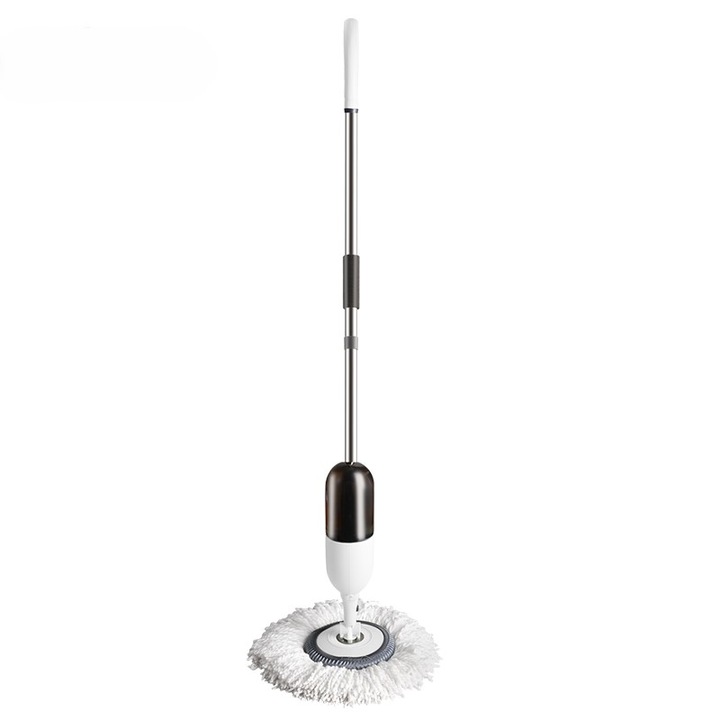 Serie de mopuri rotative, tija metalica argintie, maner alb-negru, mop cu storcator convenabil de uz casnic, laveta rotunda din fibre albe