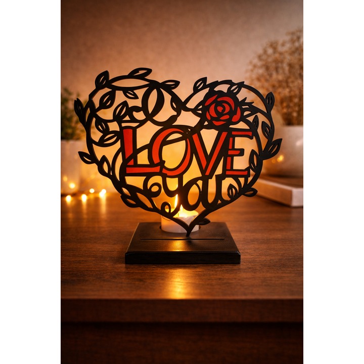 Decoratiune casa cu LED LOVE cu Inima si Trandafir, Silueta Artistica Neagra cu Accente Rosii, cu Baza Neagra, plastic biodegradabil, 20x15, 8 cm, Lumanare LED cu Baterie
