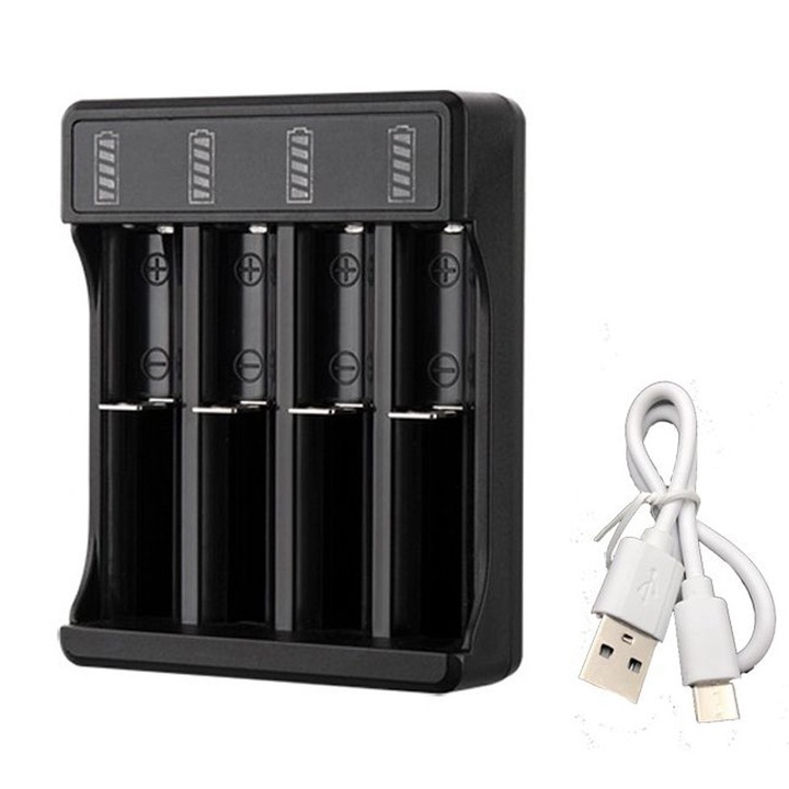Incarcator baterii litiu USB, 4 sloturi, negru, 10x6x3cm