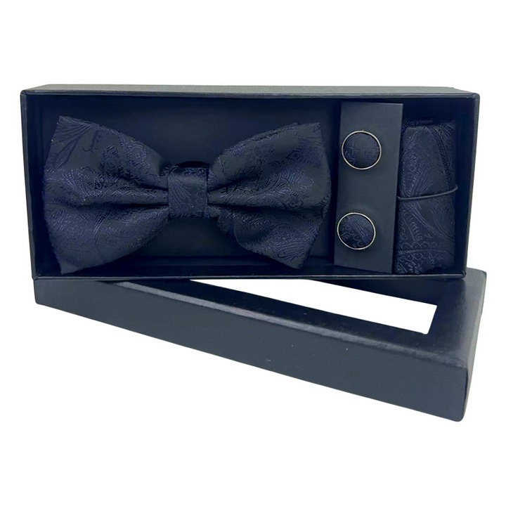 Set 3 piese papioane barbati Velve, papion negru, butoni si batista din stofa, elegant