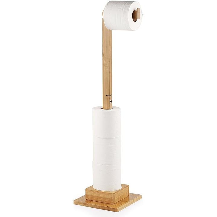 Suport hartie igienica Ecooe, din bambus, depozitare, capacitate 6 role, montaj fara gaurire, inaltime 72 cm, culoare Maro