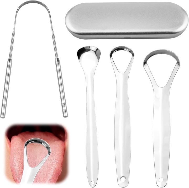 4 db rozsdamentes acél nyelvtisztító utazótokkal, U-alakú, rossz lehelet elleni, szájhigiénia