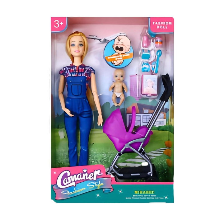 Set papusa blonda cu bebelus si carucior articulat, accesorii incluse, multicolor, 32,5cm