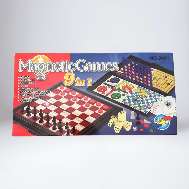 Joc magnetic 9 in 1 pentru copii, sah, dame, ludo, table, domino, carti de joc, multicolor