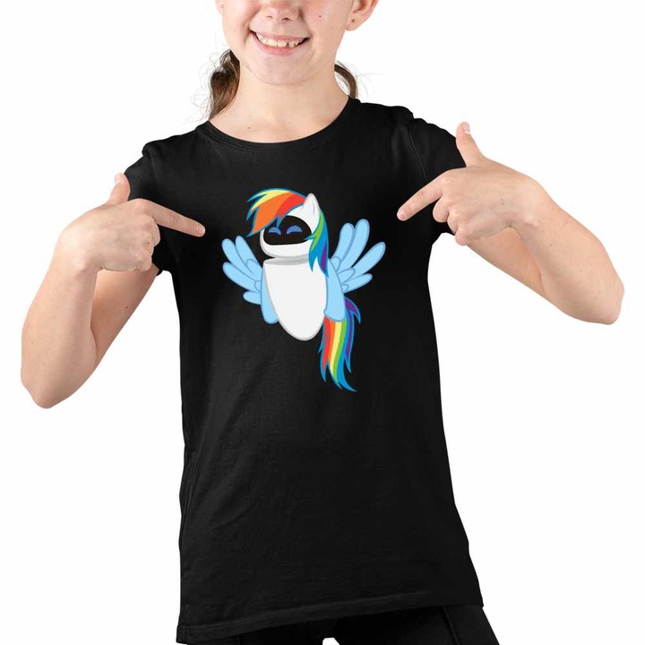 Tricou Copii Fete Wall-E Robot Eve Unicorn Curcubeu Viitor, Fekete