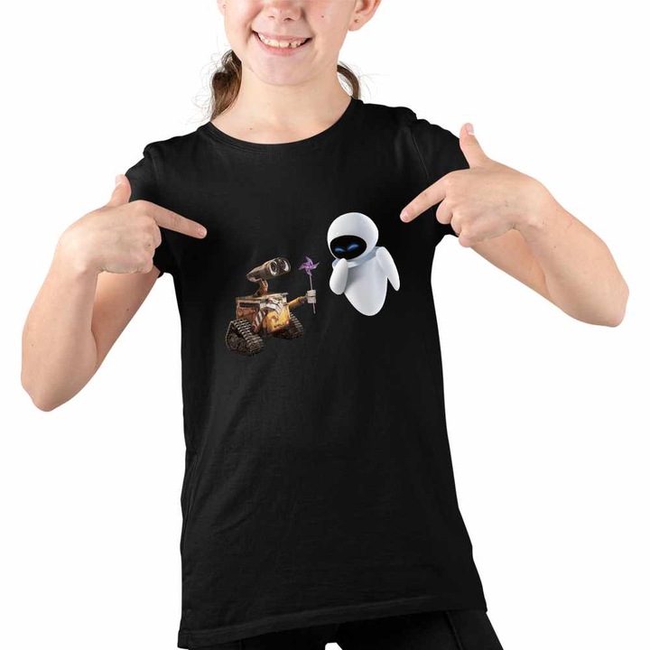 Tricou Copii Fete Wall-E Morisca Eve Dragobete Velentines Day Romantic, Fekete