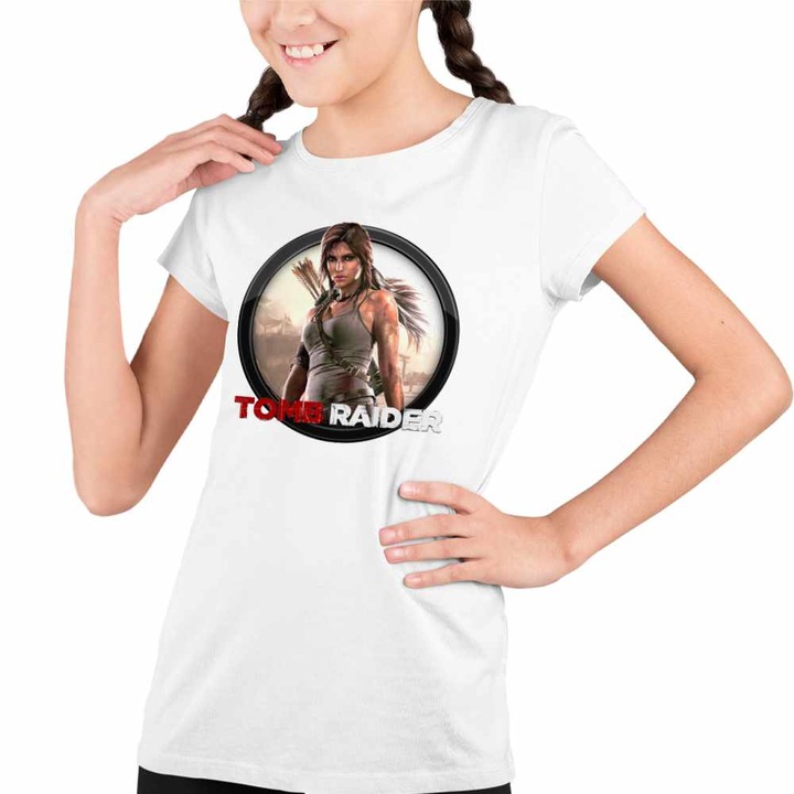 Tricou Copii Fete Tomb Raider Lara Croft Razboi Camuflaj, Fehér