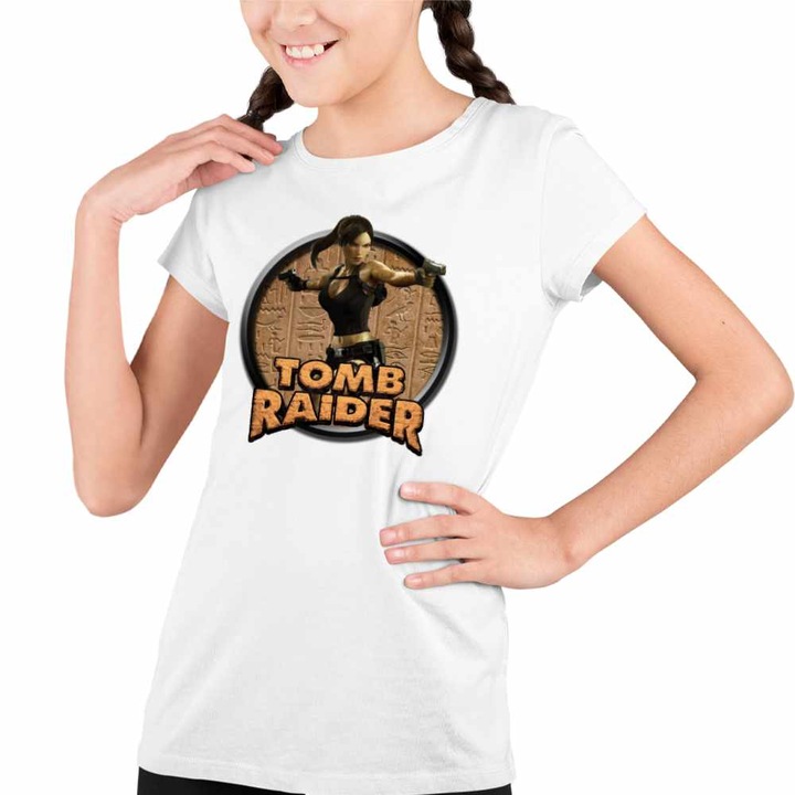 Tricou Copii Fete Tomb Raider Arheolog Egipt Lara Croft Soldat, Fehér