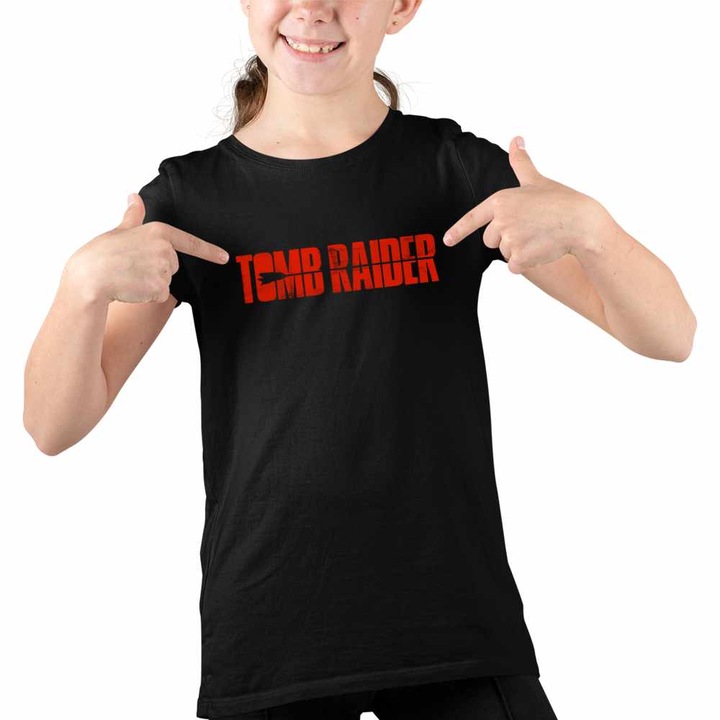 Tricou Copii Fete Tomb Raider Logo Sageata Arc Lara Croft Armata, Fekete