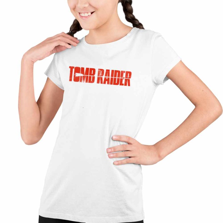 Tricou Copii Fete Tomb Raider Logo Sageata Arc Lara Croft Armata, Fehér