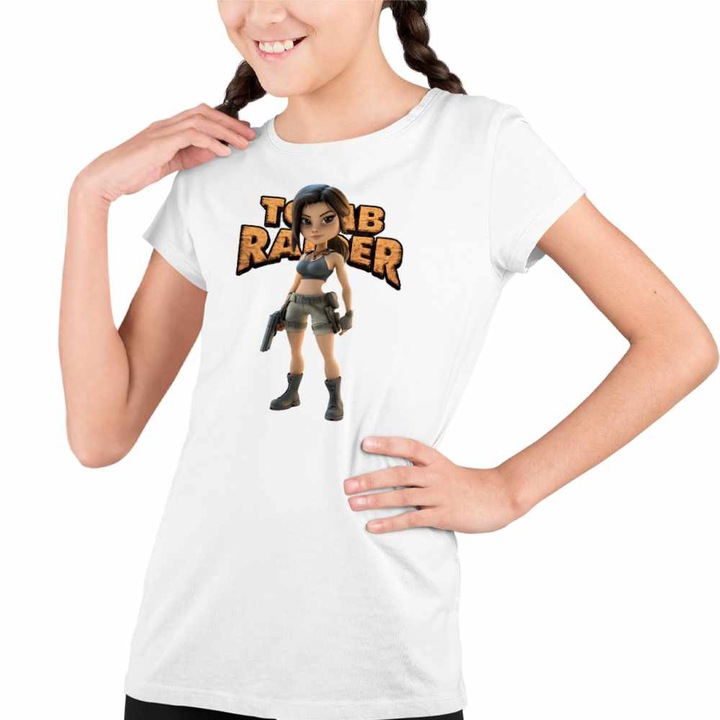 Tricou Copii Fete Tomb Raider Indiana Jones Lara Croft Soldat, Fehér