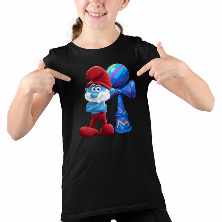 Tricou Copii Fete Kendama Papa Strumf Smurf Gargamel, Fekete