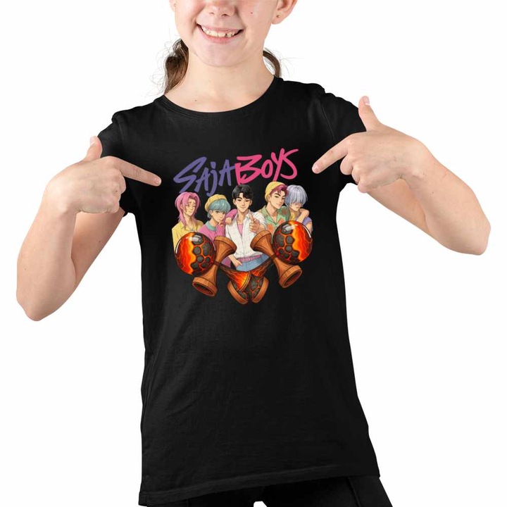 Tricou Copii Fete Kendama Saja Boys Kpop Huntrix Asia, Fekete