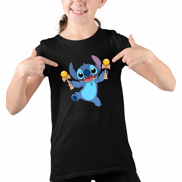 Tricou Copii Fete Kendama Stitch Lilo Desene Animate, Fekete