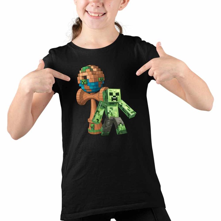 Tricou Copii Fete Kendama Minecraft Creeper Trial, Fekete