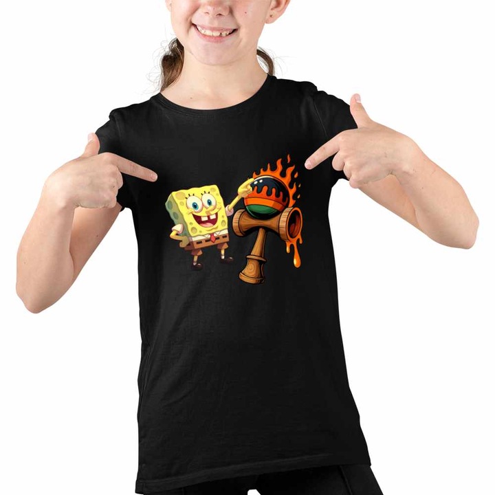 Tricou Copii Fete Kendama Spongebob Flacari Plankton Squarepants Pantaloni Patrati, Fekete