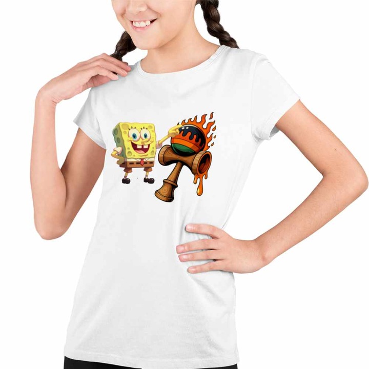 Tricou Copii Fete Kendama Spongebob Flacari Plankton Squarepants Pantaloni Patrati, Fehér