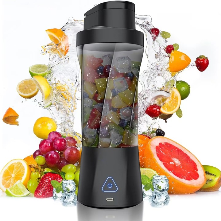 Blender portabil Mirunia, 6 lame inox, IPX7, 6000mAh, 700ml, negru