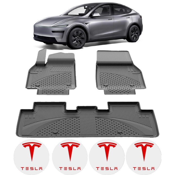 Set covorase presuri Tesla Model Y Juniper din 2025, auto, CRI-FLO, din cauciuc thermoplastic, 4 Stickere auto cu Tesla