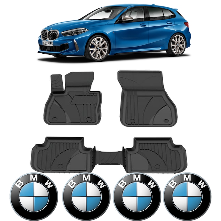Set covorase presuri BMW Seria 1 F40 din 2019-2024, auto, CRI-FLO, din cauciuc thermoplastic, 4 Stickere auto cu BMW