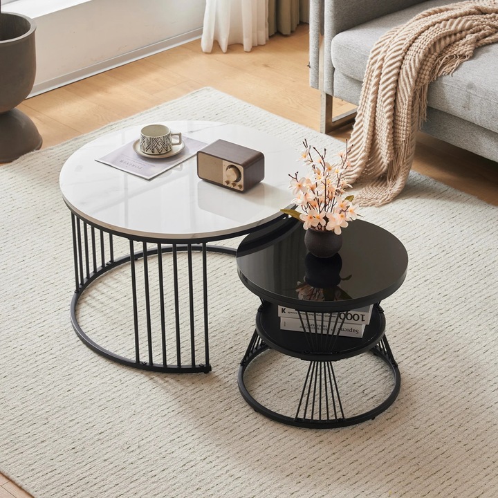 Masa de cafea cuibaribila, efect de marmura lucioasa, rotunda, masuta laterala pentru canapea, set de 2