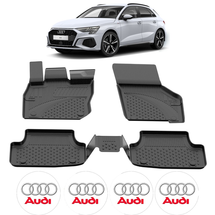 Set covorase presuri Audi A3 din 2021, auto, CRI-FLO, din cauciuc thermoplastic, 4 Stickere auto cu Audi