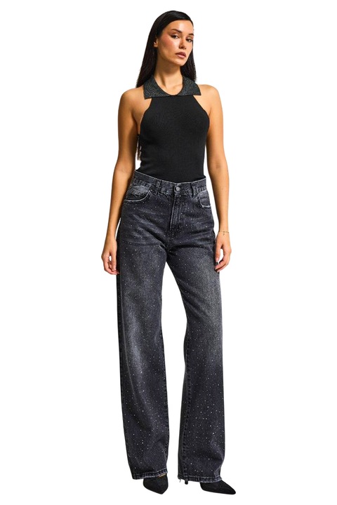 Blugi prespalati FashionForYou, model Luneth, croiala loose fit oversize, Negru